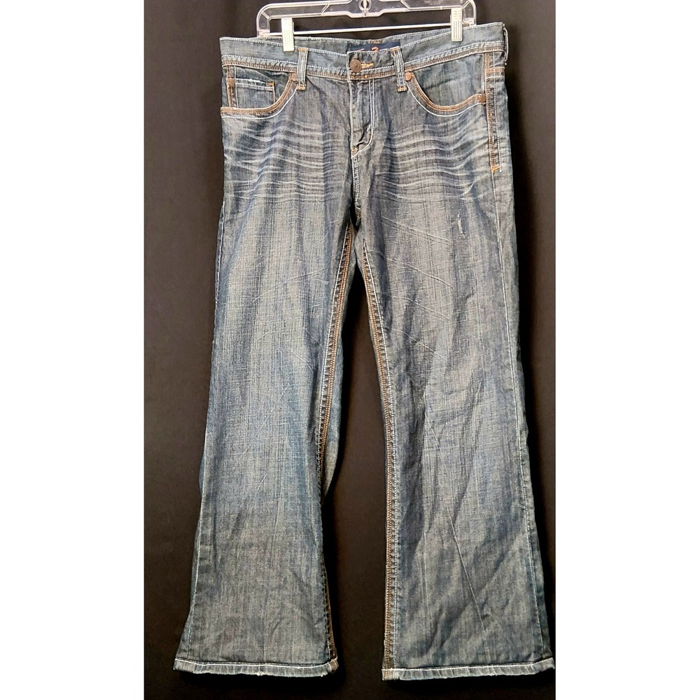 VTG Y2K Seven7 Embroidered Bootcut Jeans Med Wash Blue Denim Flap Pocket 36x29